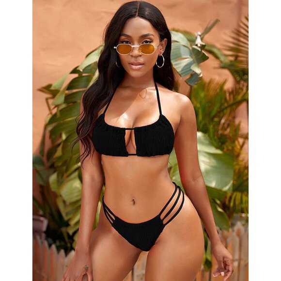 NAFLEAP Womens SMALL Black Smocked Bandeau Halter String Brazilian BIKINI NWT - Picture 2 of 5